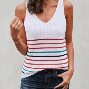 NEW NWT Boutique White Multi Colored Stripe V-Neck Sleeveless Sweater Large